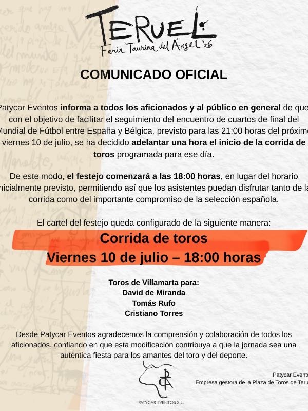 La Feria Taurina del Ángel adelanta el inicio de la corrida de toros a las 18:00 del viernes 10 de julio para facilitar el seguimiento del España-Bélgica
